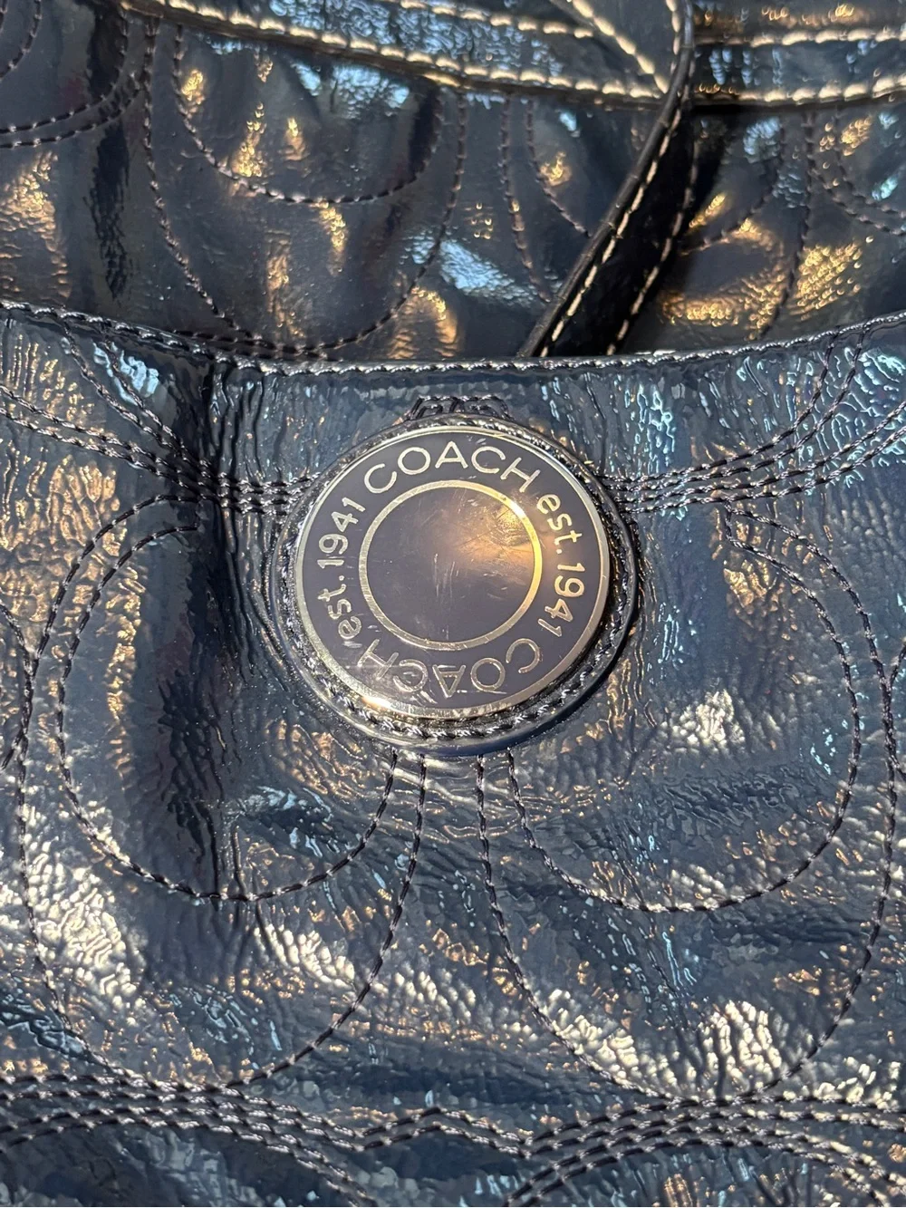 Coach Deep Blue Patent Shiny Leather Satin Lined Large Tote Diaper Bag F19265